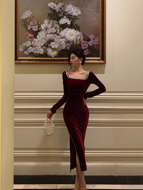 Vestido sexy de fiesta burdeos de manga larga para 21 cumpleaños. Ideas para vestidos de cumpleaños para mujeres (DP1895).