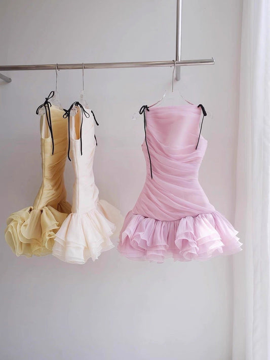 Vestidos de fiesta cortos, elegantes y cortos, de tul, con escote redondo, en rosa, para el regreso a casa, de noche, para cóctel, para 16 cumpleaños, DH2776