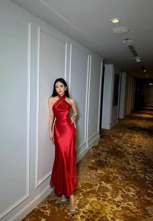 Sexy Mermaid Halter Red Prom Dress Wedding Guest Dress SH1321