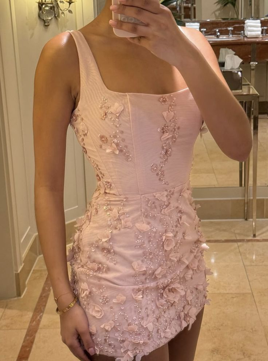 Elegant Square Neck Appliques Beaded Birthday Dress Pink Sheath Homecoming Dress S534
