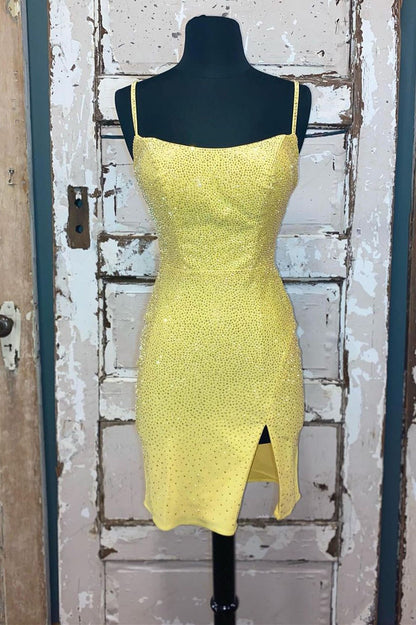 Vestido corto ajustado amarillo para fiesta de bienvenida, vestidos semi formales con cuentas de cristal