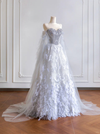 shopuniqlos--Gray purple gorgeous feather tulle and diamond exquisite beading long tulle prom dress wedding dress gh5486