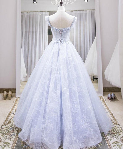 Vestido de fiesta largo de tul con encaje morado claro, vestido de noche azul