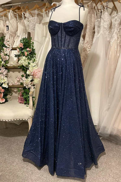 Vestidos de fiesta largos de corte A con tirantes y lentejuelas azul marino brillante