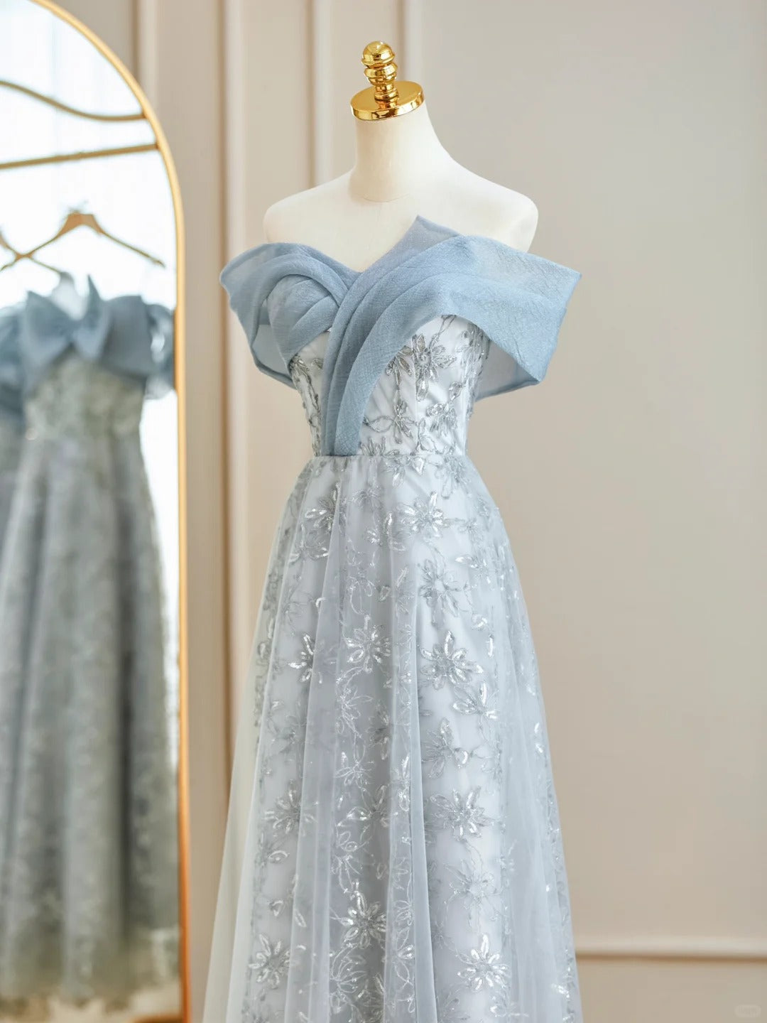 Blue Romantic Elegant Delicate Floral Long Tulle Ball Gown Evening Dress Party Dress Bridesmaid Dress Prom Dress gh3995