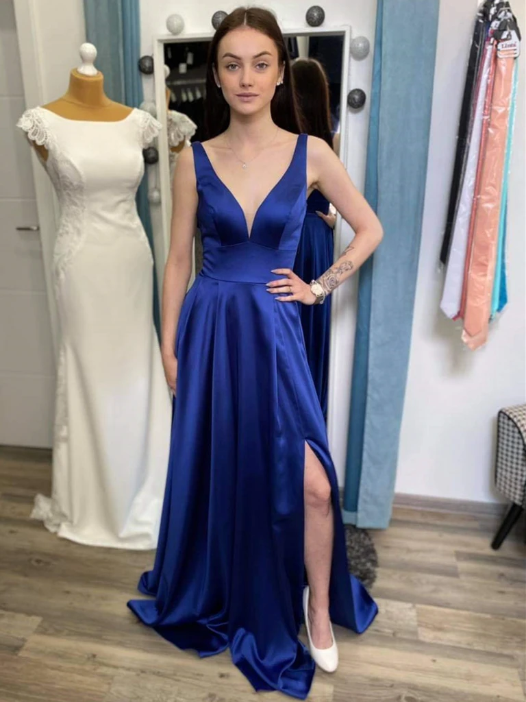 Vestidos de fiesta largos de satén azul con escote en V y abertura en la pierna, vestidos de noche formales de graduación con escote en V azul