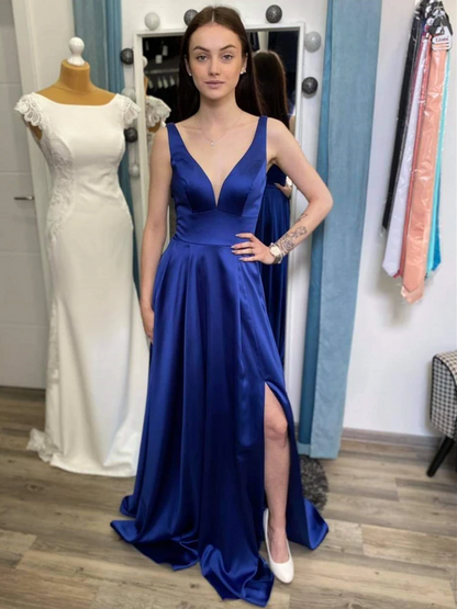 Vestidos de fiesta largos de satén azul con escote en V y abertura en la pierna, vestidos de noche formales de graduación con escote en V azul
