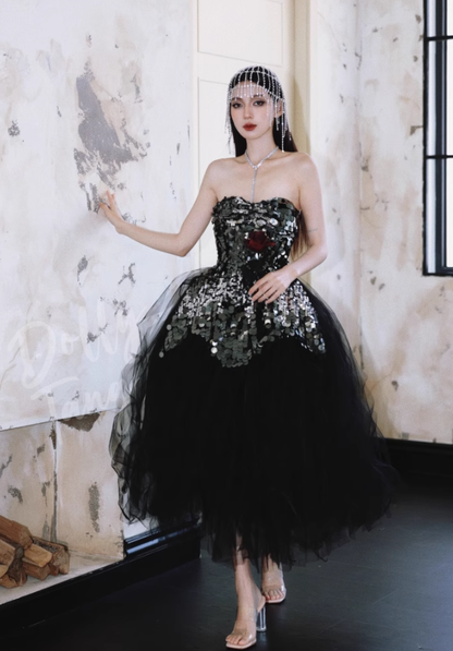 Shiny Black Sequin A Line Sweetheart Neck Tulle Homecoming Dress Cocktail Dress SH3580