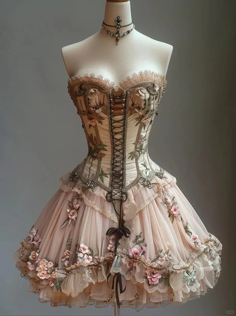 Retro Strapless Floral Design Lolita Princess Dress A-line Beaded Chiffon Party Dress Homecoming Dress TP4086