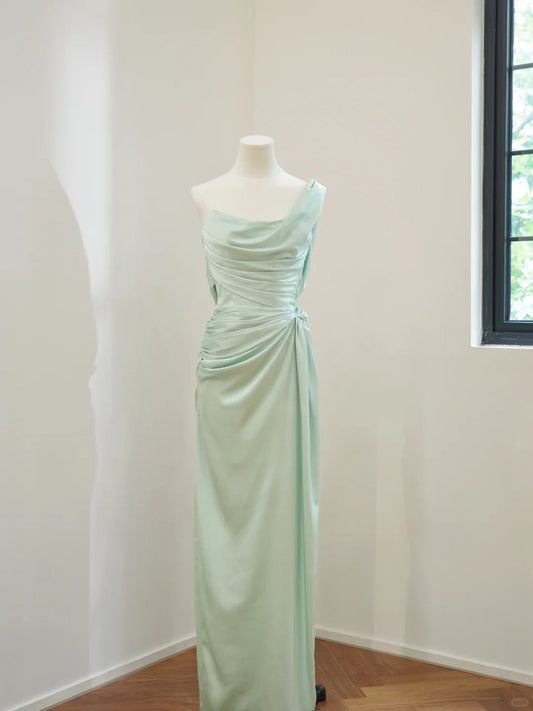shopuniqlos-Mint Green Simple Fashion One Shoulder Off Shoulder Long Satin Prom Dress Evening Dress Party Dress Bridesmaid Dress gh5058