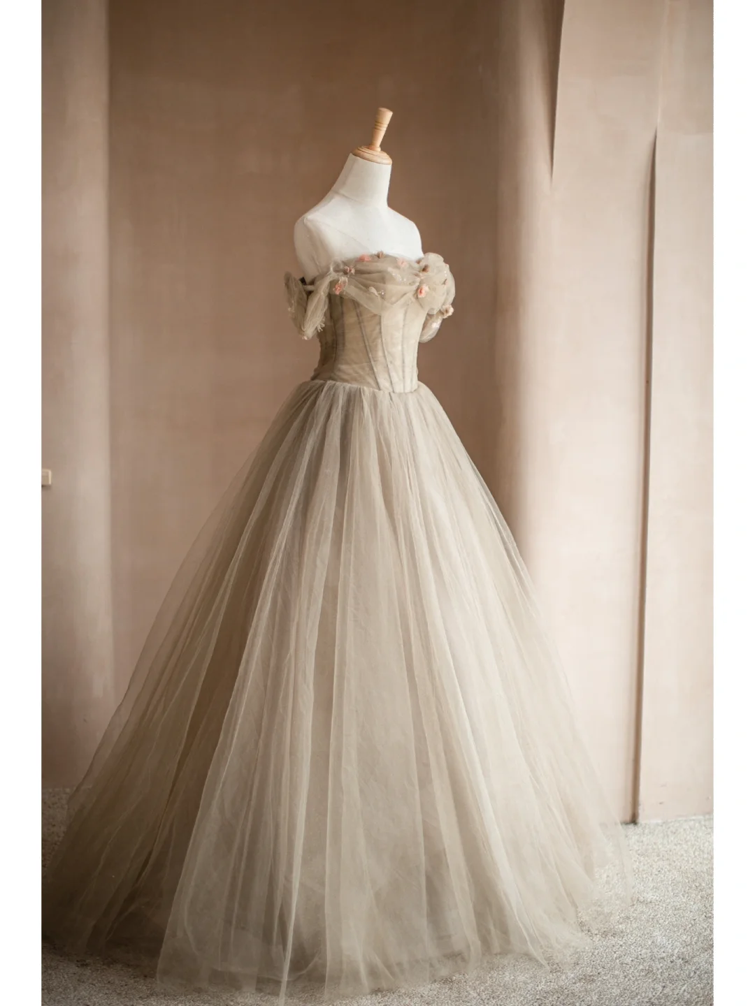 Light Camel A Line Off the Shoulder Floral Tulle Long Party Dress Prom Dress Formal Dress SH3855