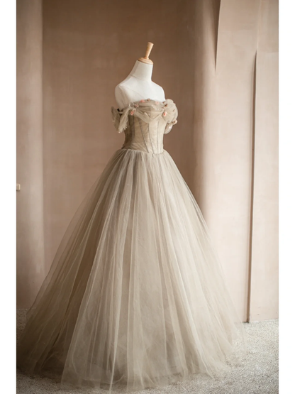 Light Camel A Line Off the Shoulder Floral Tulle Long Party Dress Prom Dress Formal Dress SH3855