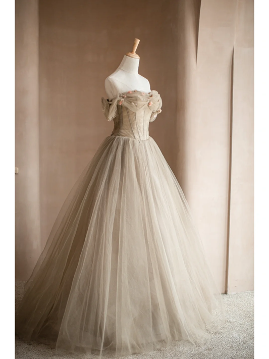 Light Camel A Line Off the Shoulder Floral Tulle Long Party Dress Prom Dress Formal Dress SH3855