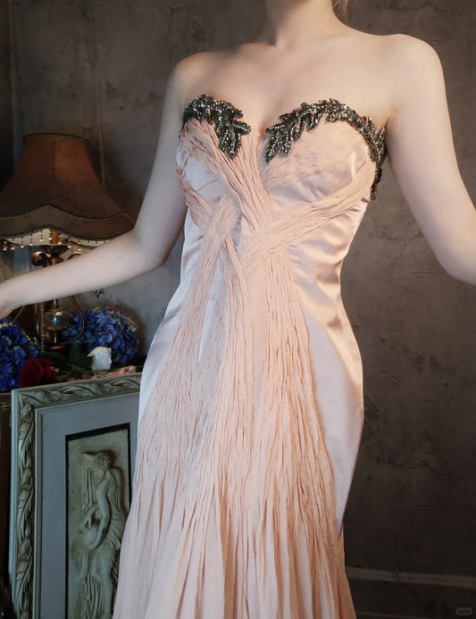 Beautiful Morandi color system, exquisite, elegant and romantic vintage narcissus pink pleated ball gown, evening gown, party dress gh4801