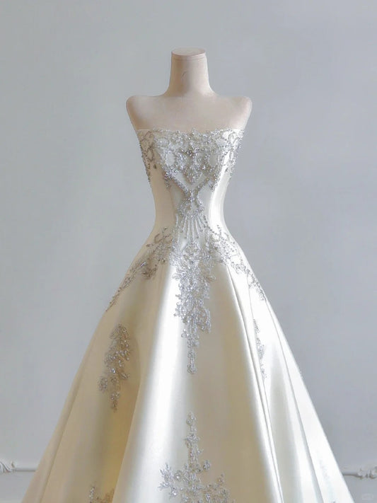 shopuniqlos--White exquisite beaded long satin prom wedding dress gh5482