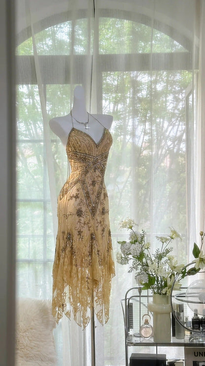Vintage Sequin Appliques Spaghetti Strap A-line V-neck Irregular Hem Party Dresses Homecoming Dresses, TP3781
