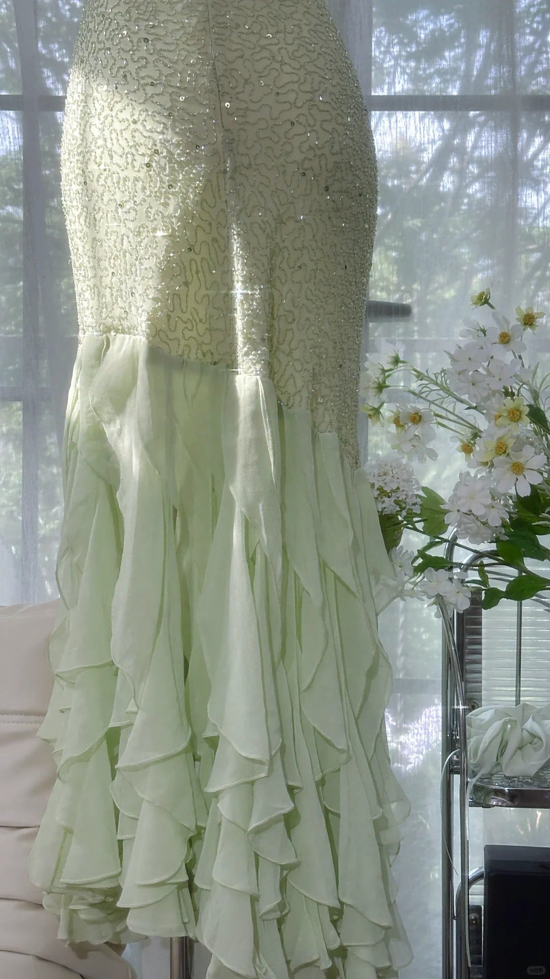 Green shiny ruffle long sequined ball gown evening dress party dress gh4319