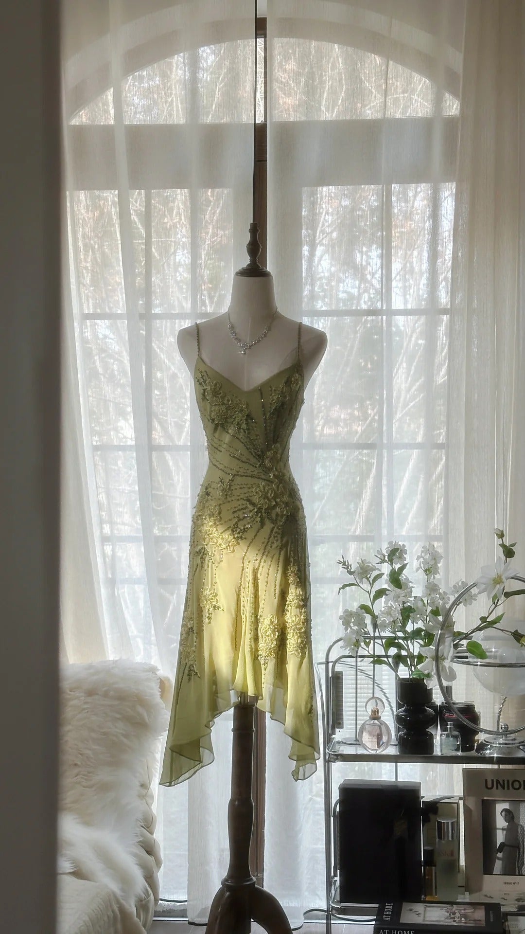 Green Romantic Fashion Elegant Delicate Floral Appliqué Beaded Spaghetti Straps Midi/Short Chiffon Ruffle Ball Gown Evening Gown Party Gown gh4060