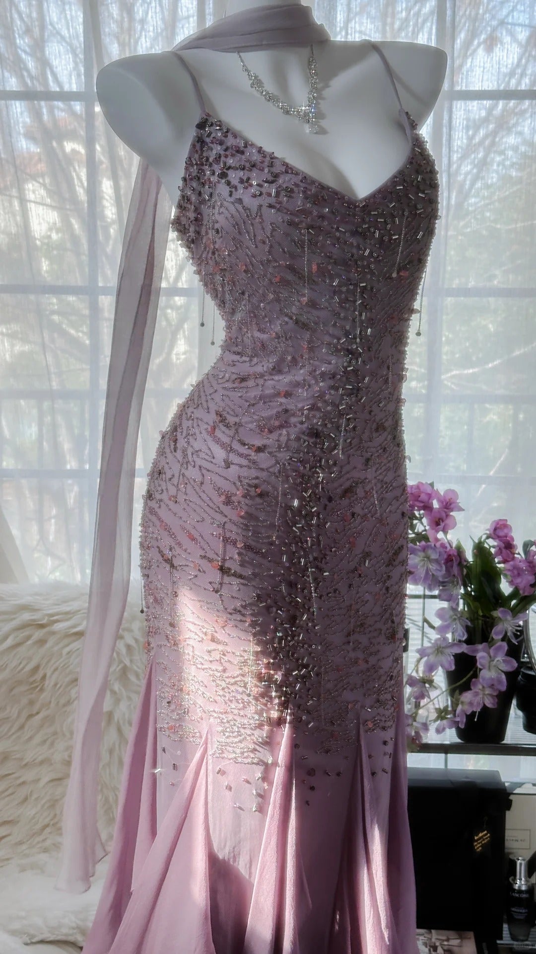Pink Purple Elegant Romantic Exquisite Beaded Long Chiffon Ball Gown Evening Dress Birthday/Wedding Guest/Holiday Party Dress Prom Dress gh4021