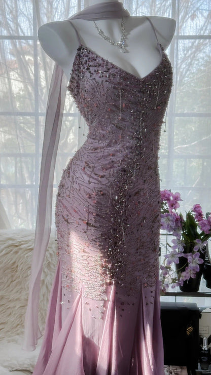 Pink Purple Elegant Romantic Exquisite Beaded Long Chiffon Ball Gown Evening Dress Birthday/Wedding Guest/Holiday Party Dress Prom Dress gh4021