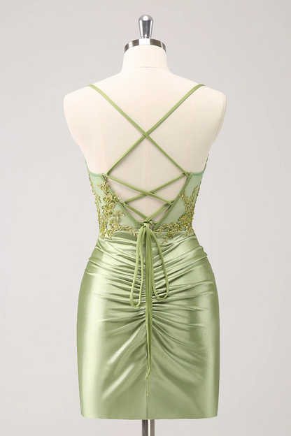Vintage Green Embroidery Design A-line Sleeveless Spaghetti Strap Homecoming Dress TP3452