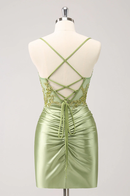 Vintage Green Embroidery Design A-line Sleeveless Spaghetti Strap Homecoming Dress TP3452