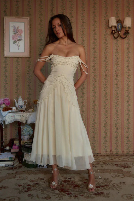 Cute A Line Off the Shoulder Ivory Chiffon Ruffle Prom Dress Graduation Prom Dress SH2583