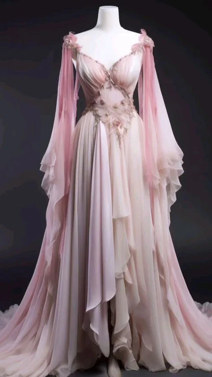 Pink Fashion Elegant Exquisite Floral Beaded Applique A-line Long Tulle Floor-length Evening Gown Ball Gown Wedding Dress gh3692