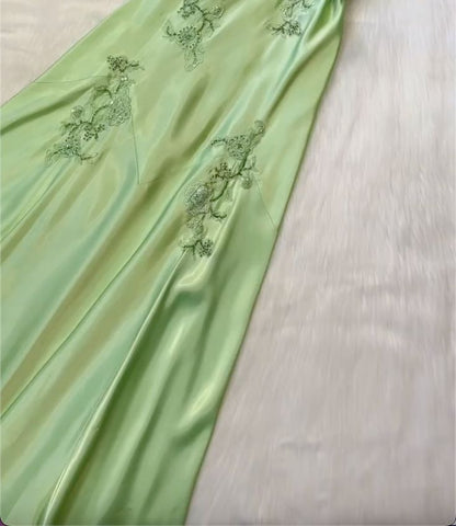 Green V-neck exquisite embroidery long satin ball gown evening dress gh2939
