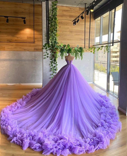 Hermoso vestido de quinceañera de tul con volantes y tirantes finos en color lila, largo hasta el suelo, para fiesta de graduación, cumpleaños, noche, baile, TP4537