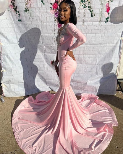 Vestido de fiesta largo rosa único con un hombro descubierto y manga larga estilo sirena