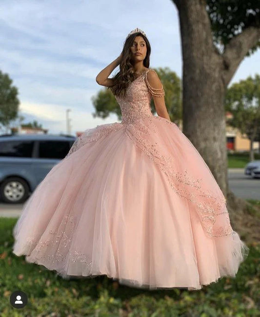 Elegante vestido de quinceañera rosa con cuentas, corte A, de tul, largo hasta el suelo, para fiesta de graduación, cumpleaños, noche, baile, TP4410