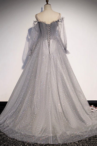 GRAY TULLE SEQUINS LONG A LINE PROM DRESS EVENING DRESS    fg2251