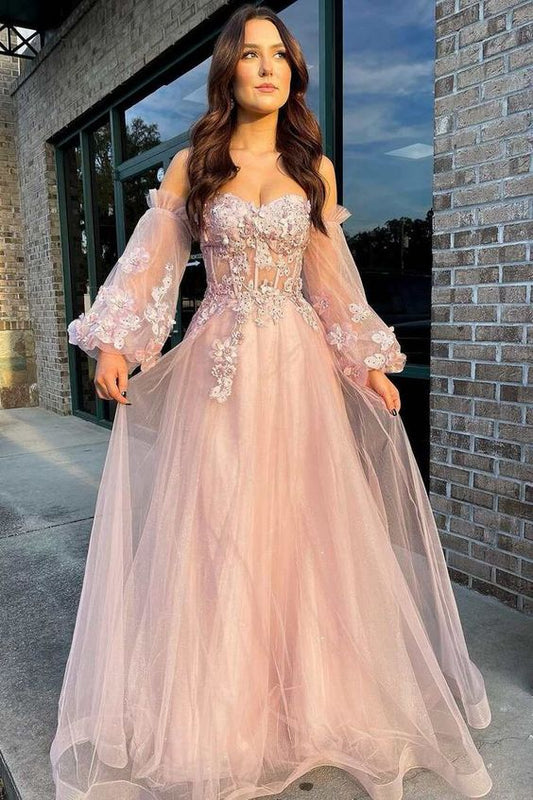 Vestido de fiesta de gala formal de tul rosa sin tirantes con mangas abullonadas y corte A