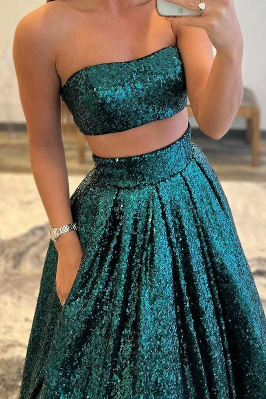 Emerald Green Sequins Two Piece Prom Dress with Pockets     fg1723