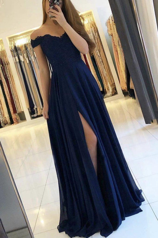 Vestido de fiesta largo de gasa con encaje azul oscuro, vestido de dama de honor con encaje azul