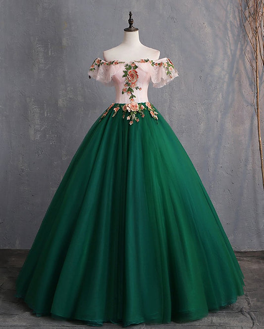 Deep Green Tulle Off Shoulder Long Customize Prom Dress, Evening Dress With Sleeve KS7482