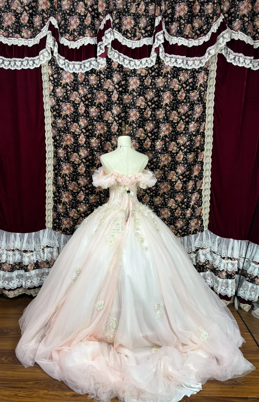 Vintage Pink Sweetheart Off-the-shoulder Tulle Beaded Quinceanera Evening Dress Ball Gown TP4266