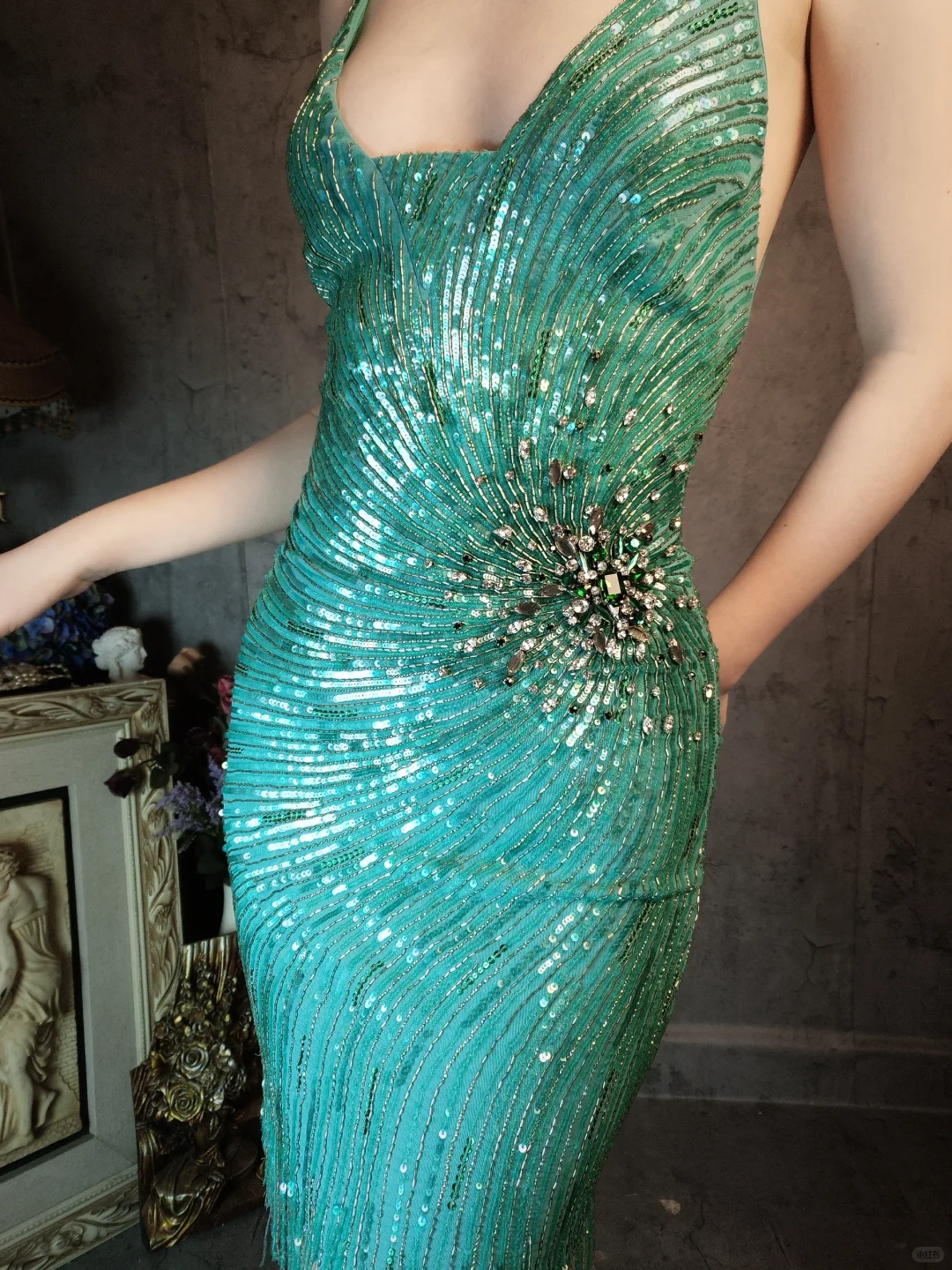 Vintage Blue-green Spaghetti Strap Sparkling Beaded Tassel Design Sheath Short Homecoming Dress TP4024