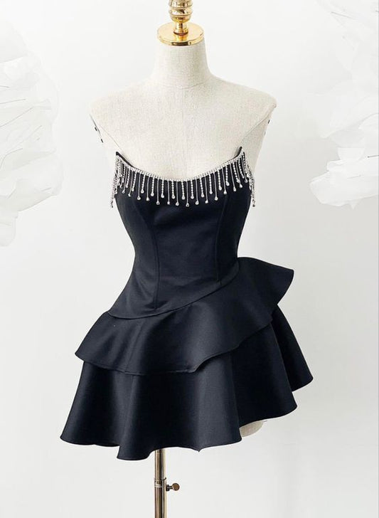 __irlhomeshops__Red/Black Beaded Ruffle Short Satin Homecoming Dress PromDress Party Dress gh4983