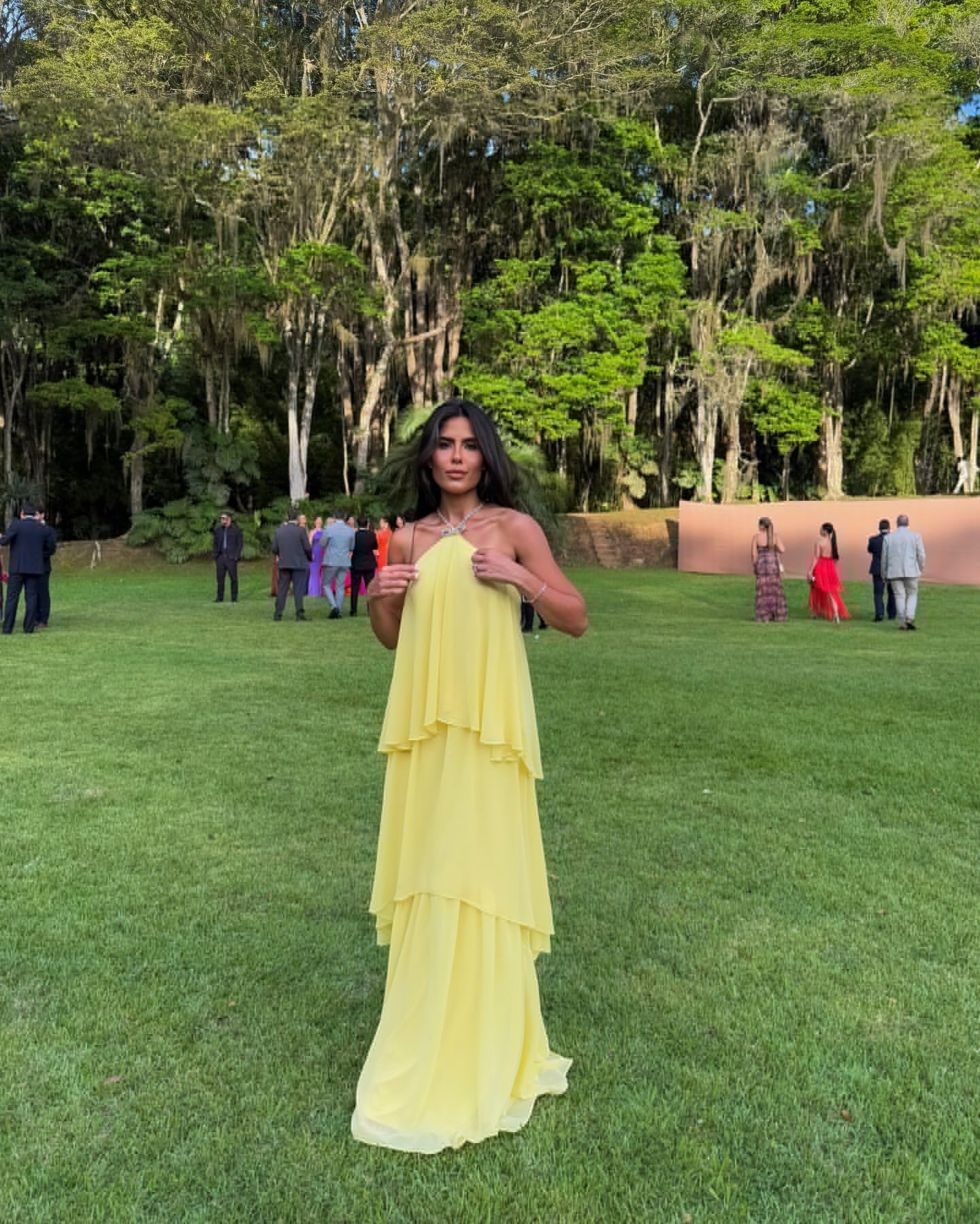 Vestido de fiesta amarillo de corte A, de gasa, con volantes y capas, informal