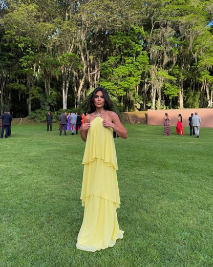 Vestido de fiesta amarillo de corte A, de gasa, con volantes y capas, informal