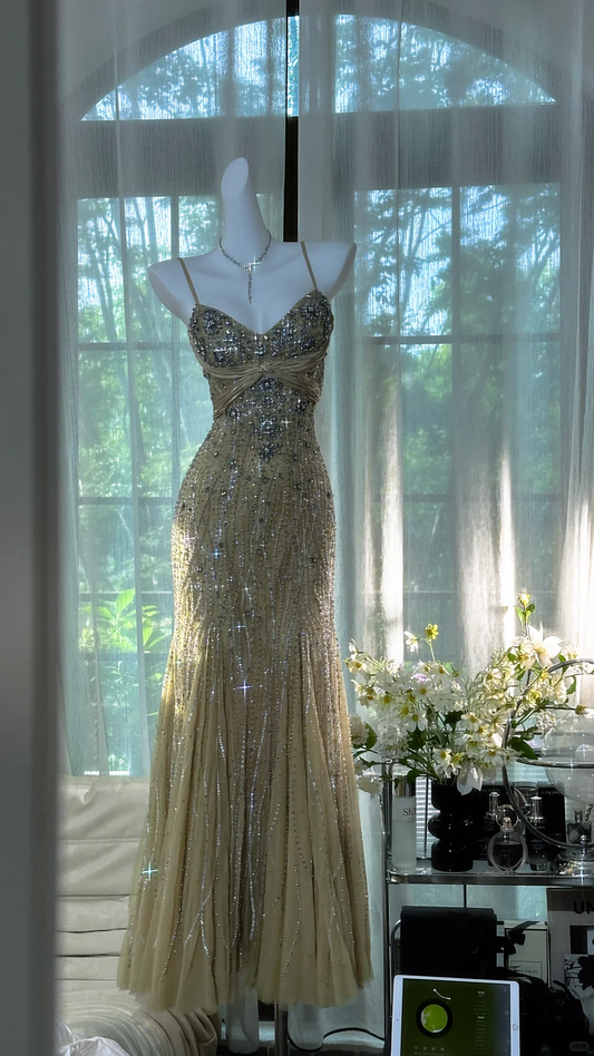 Vintage Shiny Light Green Spaghetti Strap Elegant Design A-line Beaded Romantic Chiffon Evening Dress Prom Dress TP4005
