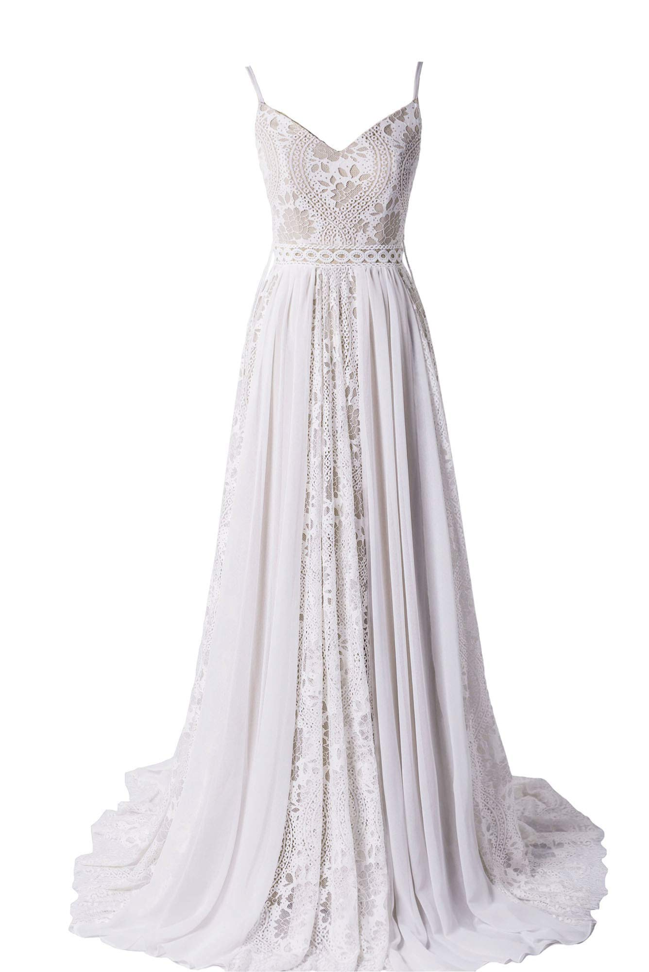 Vestidos de novia elegantes de encaje para playa, largos, con escote en V y espalda descubierta