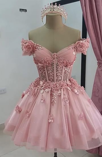 Vestido de fiesta modesto con hombros descubiertos, tul rosa ruborizado, vestidos formales de bienvenida, baile de graduación de octavo grado, vestidos cortos Hoco DH2596