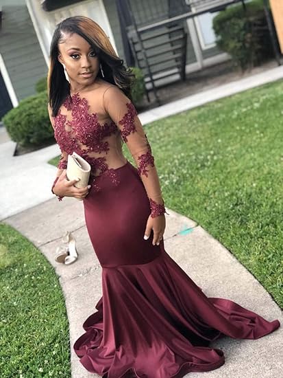 Vintage Burgundy Applique Mermaid Evening Gown Long-sleeved Backless Mermaid Prom Dresses TP51