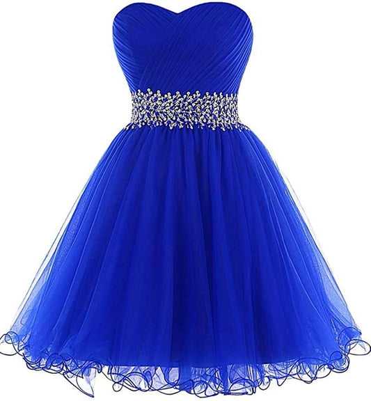 Vestidos de fiesta de corte A, escote corazón, tul, cintura con cuentas, vestido de cóctel azul real