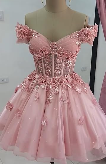 Vestido de fiesta modesto con hombros descubiertos, tul rosa ruborizado, vestidos formales de bienvenida, baile de graduación de octavo grado, vestidos cortos Hoco DH2596
