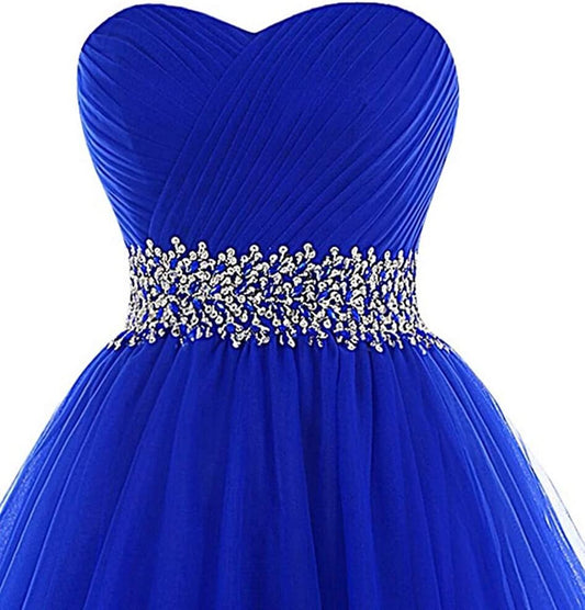 Vestidos de fiesta de corte A, escote corazón, tul, cintura con cuentas, vestido de cóctel azul real