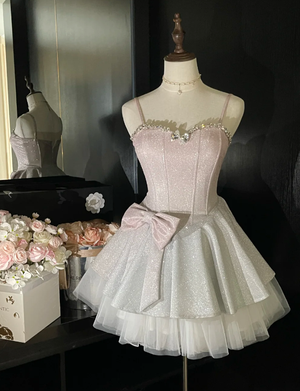 Nuevos vestidos de fiesta cortos de tul con lentejuelas rosas y corte en A TP3922